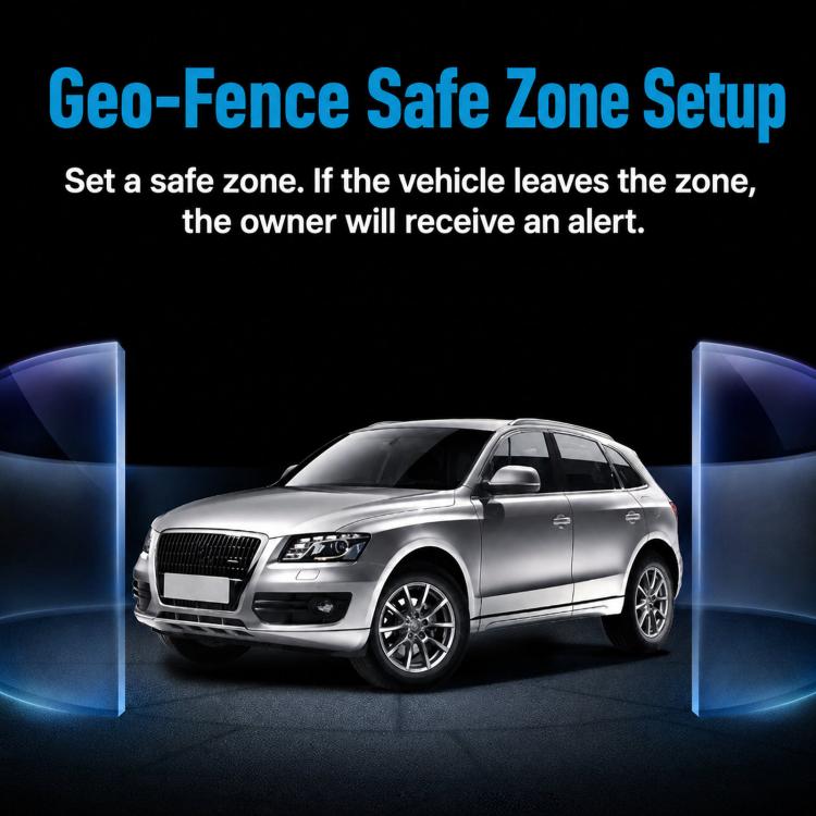Vehicle GPS tracker geofence area shown around a car with blue boundary