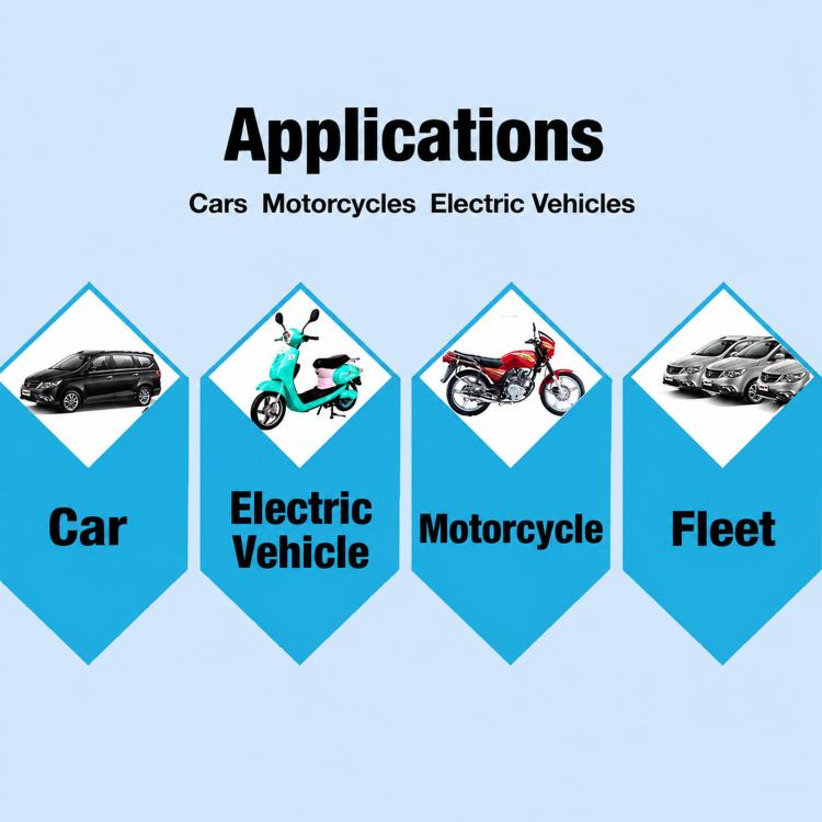 Vehicle GPS tracker with icons showing use for cars, motorcycles, and electric vehicles