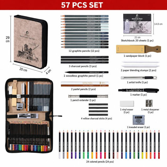 Sketching And Colored Pencil Art Set With Sketchbook In Suede Nubuck Leather Zippered Organizer Case, Giorgione 39 In 1, Giorgione 57 In 1, Giorgione 81 In 1, Giorgione 105 In 1, Giorgione 153 In 1