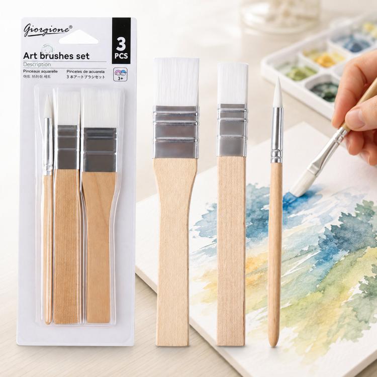 3-pack paintbrush set: flat, angled, round synthetic nylon bristles, natural wooden handles