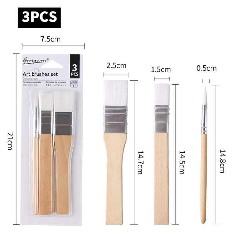 3-pack art brush set with size diagram showing handle lengths and bristle widths