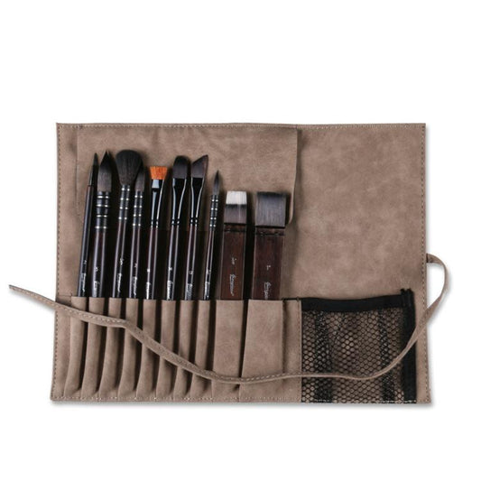 Giorgione 10 In 1 Synthetic Squirrel Hair Watercolor Paint Brush Set with Velvet Roll-Up Case Birch Wood Handles