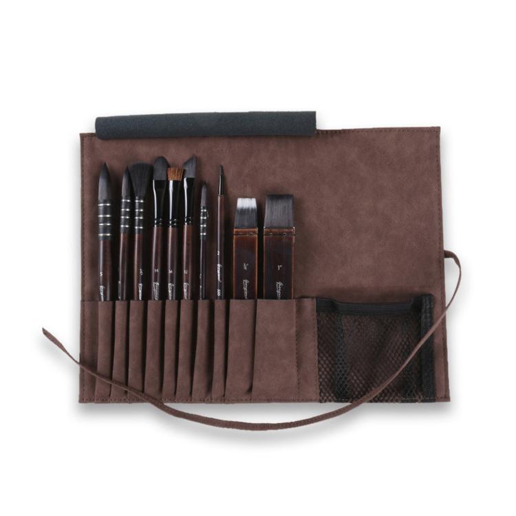 Watercolor paint brush set with multiple brushes stored in a brown roll-up case