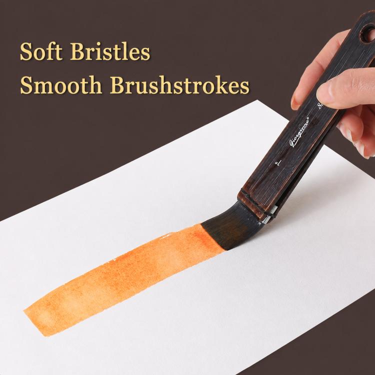 Watercolor paint brush with a soft flat bristle head painting a light orange stroke