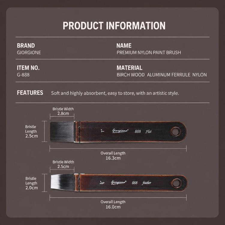 Watercolor brush set product information card showing bristle and handle measurements