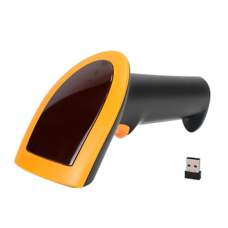 Handheld QR scanner with orange frame, black scan window and USB wireless dongle