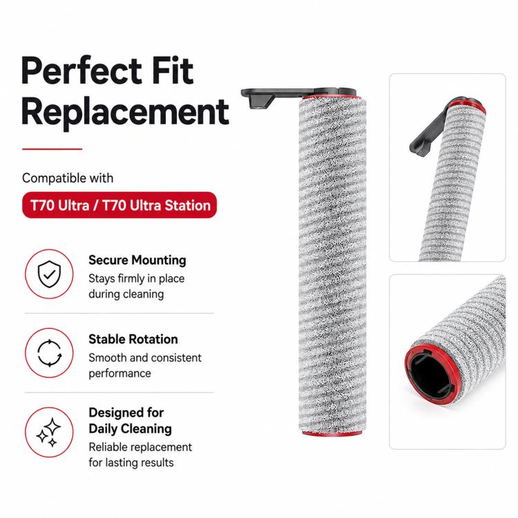 Replacement roller brush, grey cylinder with red mounting cap and roller core.