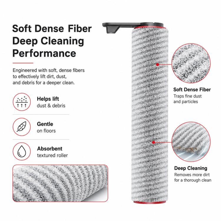 Replacement roller brush with dense grey fiber roller and red cap at one end.