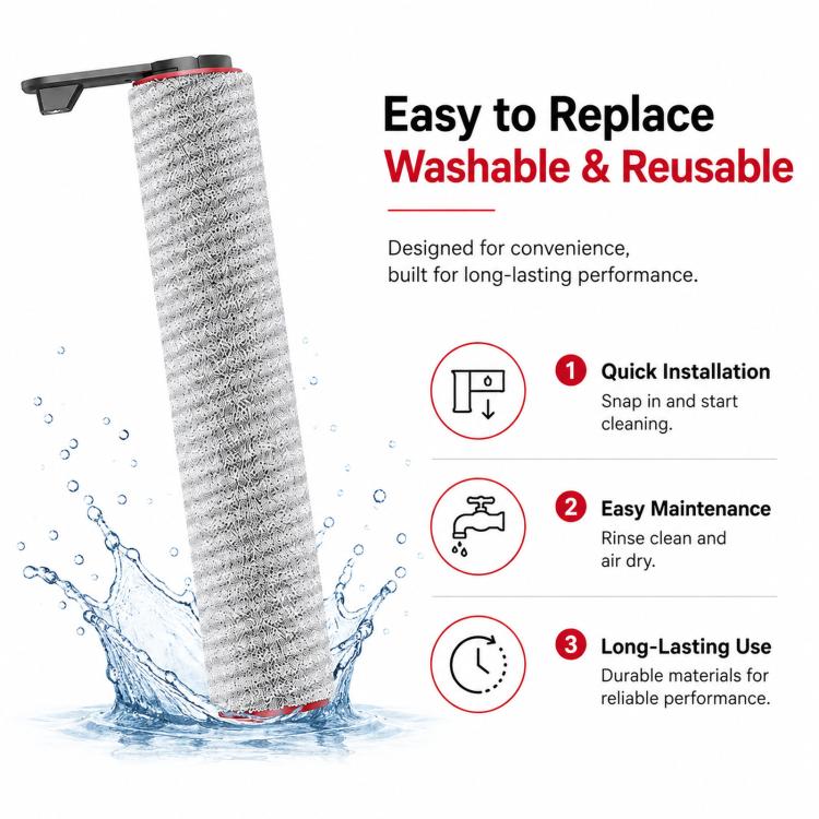 Replacement roller brush with red cap, grey textured roller shown with water droplets.