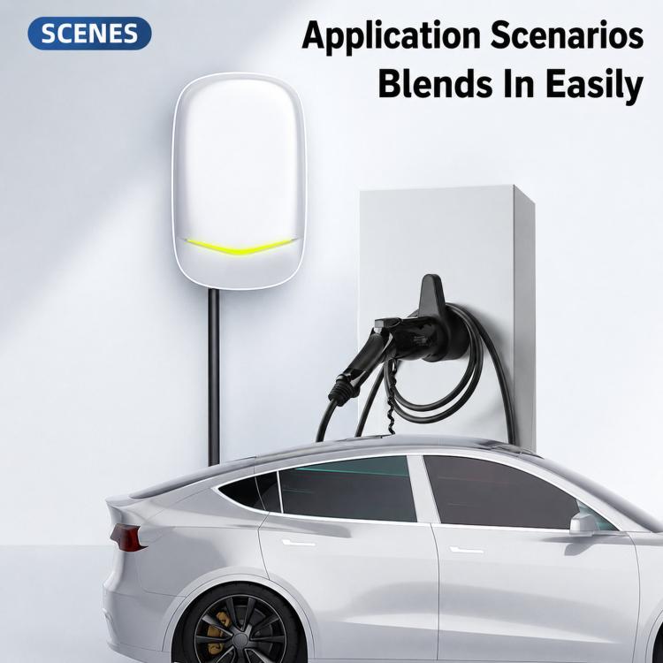 Black EV charger wall mount holster with charging cable on wall