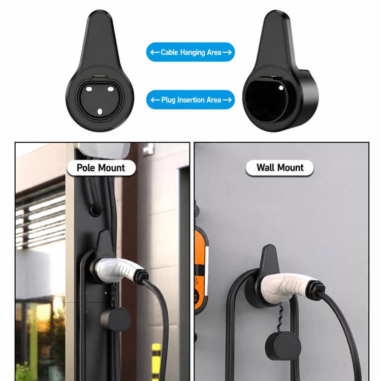 Black EV charger wall mount holster showing cable hanging and plug insertion areas