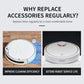 Robot vacuum cleaner shown from front and top views with replacement accessories