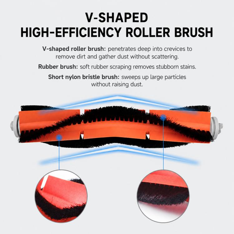 V-shaped roller brush with orange frame and black bristles for robot vacuum