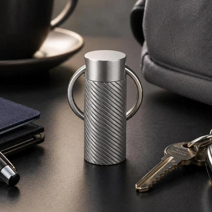 Mini sealed keychain pill case in brushed silver with spiral texture and metal key ring