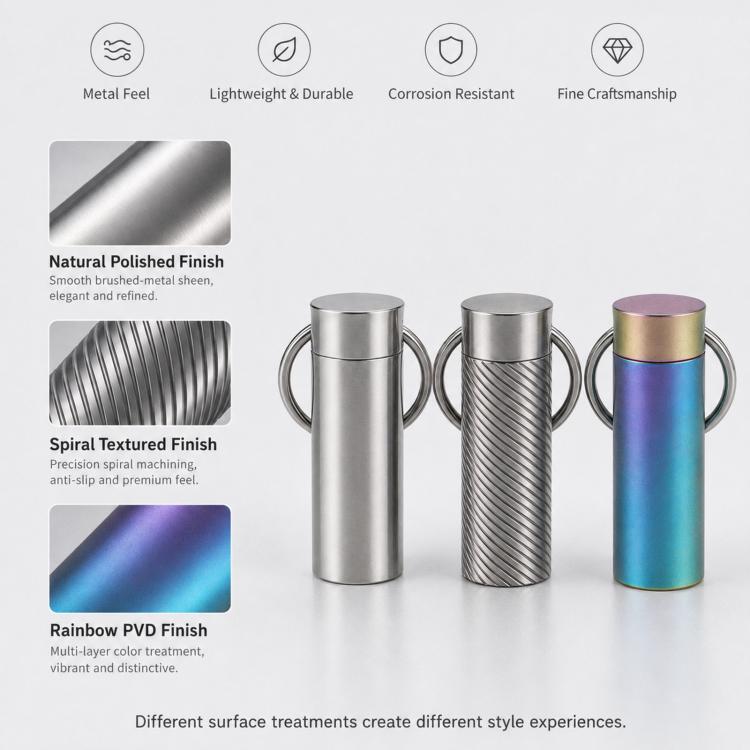 Mini keychain pill cases showing different finishes: polished, spiral textured, rainbow PVD