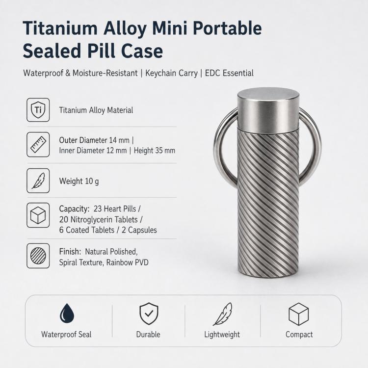 Mini sealed titanium alloy pill case keychain with spiral textured silver body and key ring