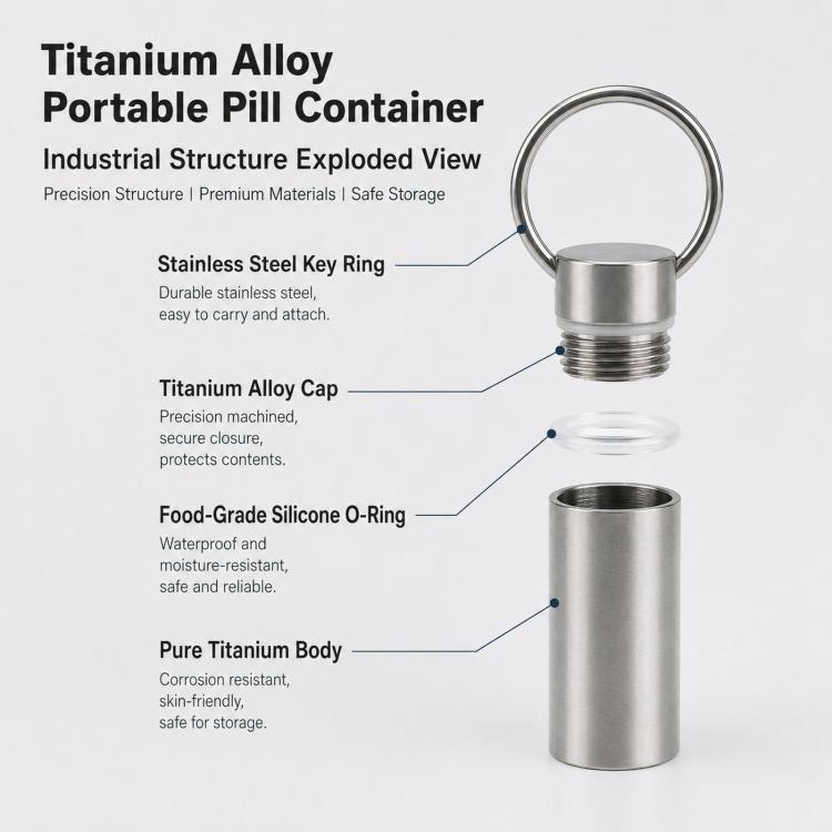 Exploded view of mini keychain pill container with key ring, cap, and silicone O-ring