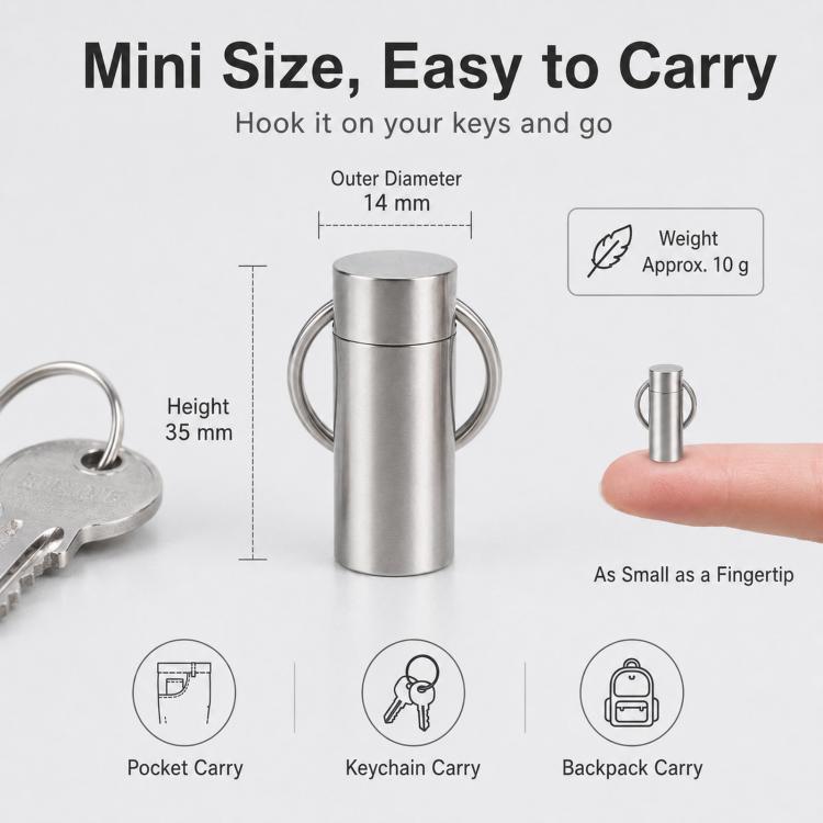 Mini sealed pill case keychain with silver body, key ring handle, compact size
