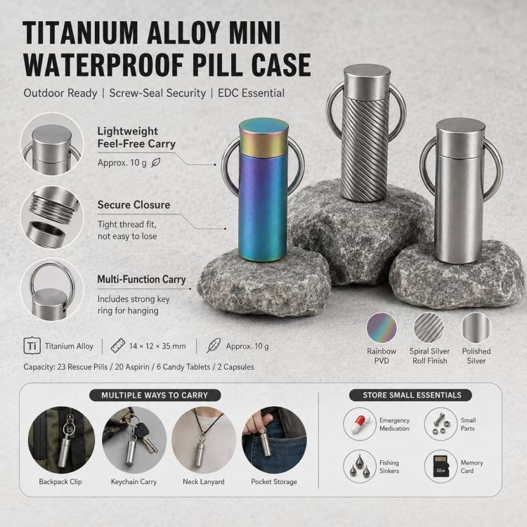 Mini waterproof pill case keychain in iridescent and silver options with spiral textured body