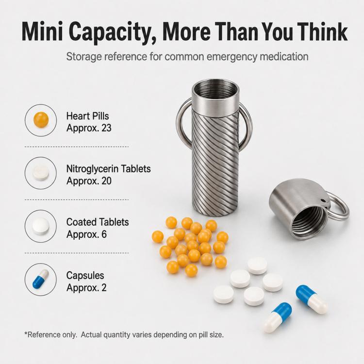 Mini sealed pill case keychain with ribbed silver body and metal key ring