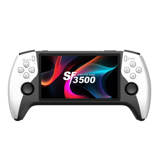 Retro handheld game console with 5-inch screen and built-in button controls, white/black