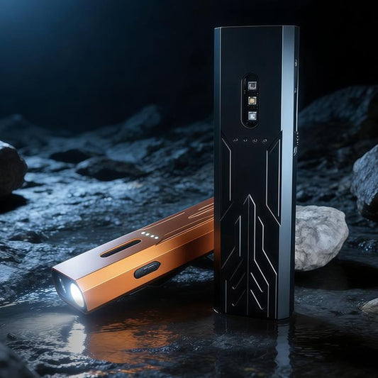 Black aluminum flashlight standing upright, with LED window and control panel details