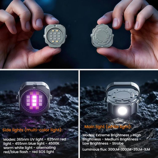 Mini keychain flashlight shown from two sides, with round LED panel and metal body