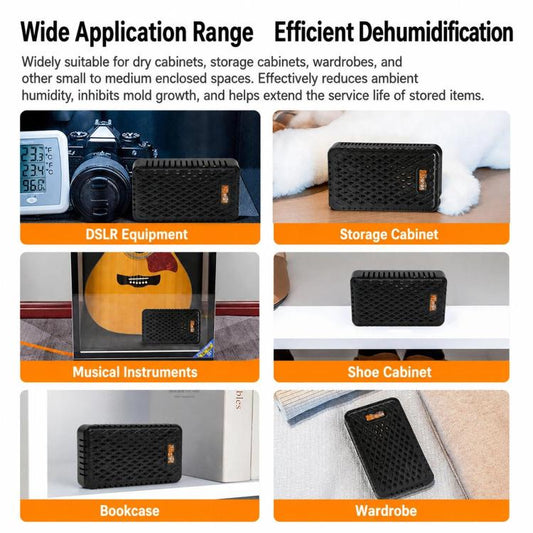 Reusable dehumidifier card shown in multiple storage spaces with glowing orange window