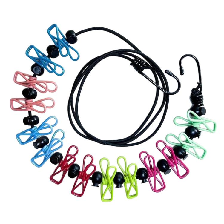 Elastic laundry clothesline set with 12 colorful clips and black rope with hooks