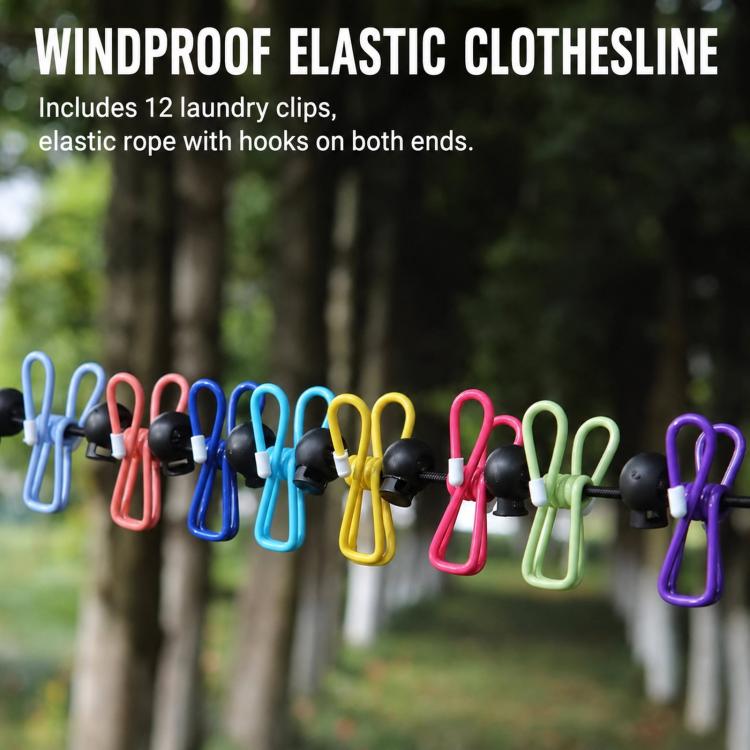 Outdoor clothesline rope with multicolored clips and end hooks