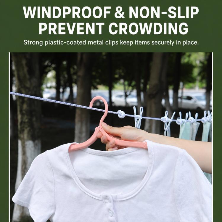 Elastic clothesline holding a shirt with pink and white non-slip clips