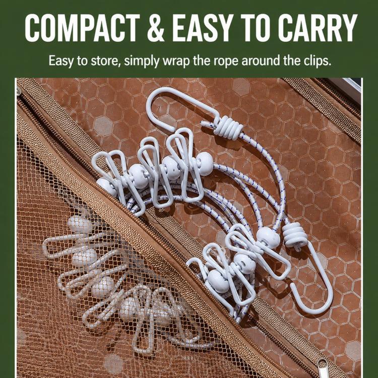 Compact clothesline rope wrapped with multiple clips for easy storage