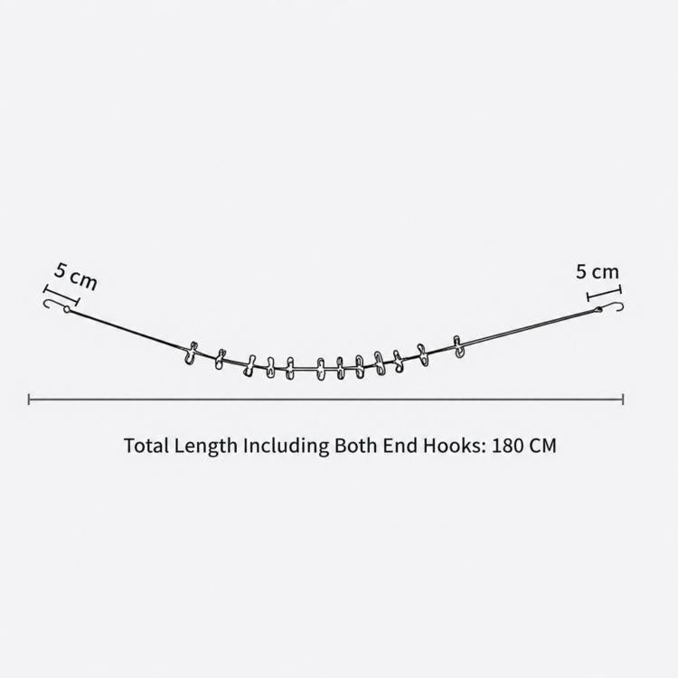 Clothesline length diagram with end hooks and clip spacing measurements
