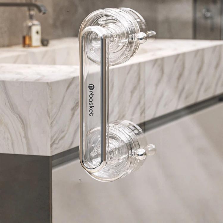 Clear U-shaped glass door pull with two suction cups and chrome frame