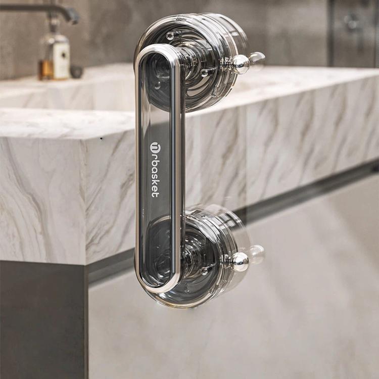 Clear U-shaped glass door pull with two suction cups and chrome frame, dark back