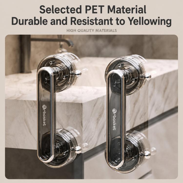 Two clear suction-cup glass door handles with chrome bars and round grips