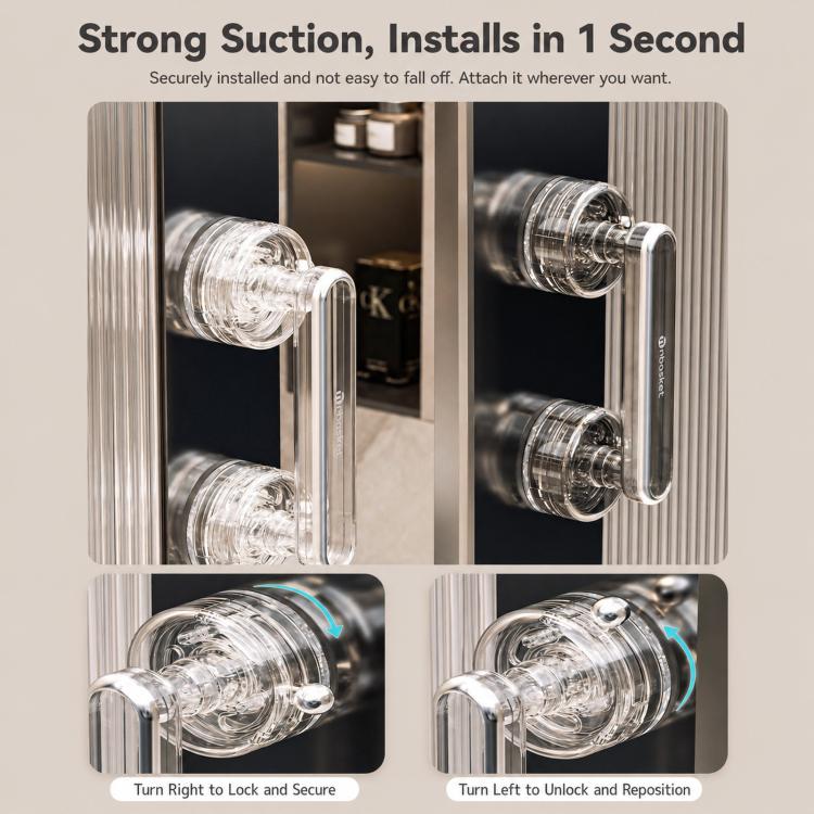 Clear suction cup door handle with chrome frame showing lock and unlock rotation