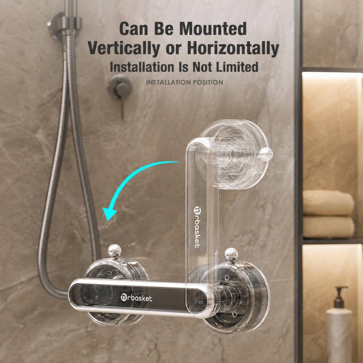 Clear suction cup door handle with L-shaped chrome bar and round suction cups