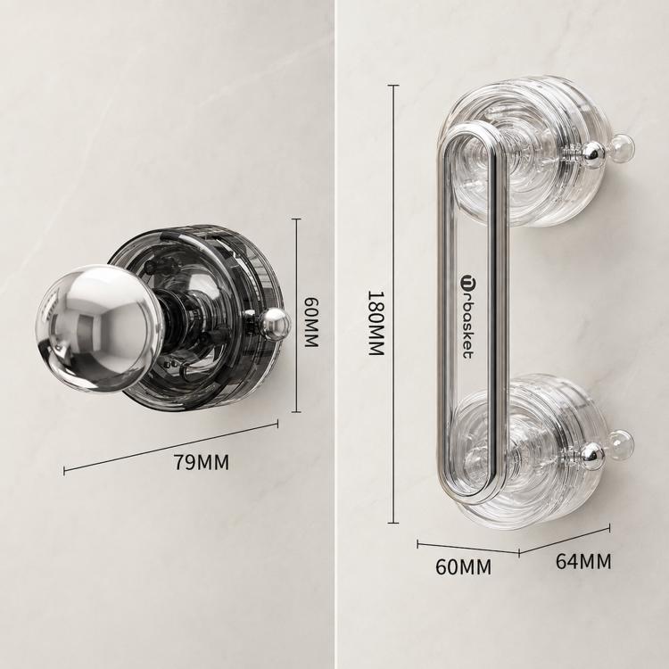 Chrome suction cup door handle pull with clear cups and size measurements