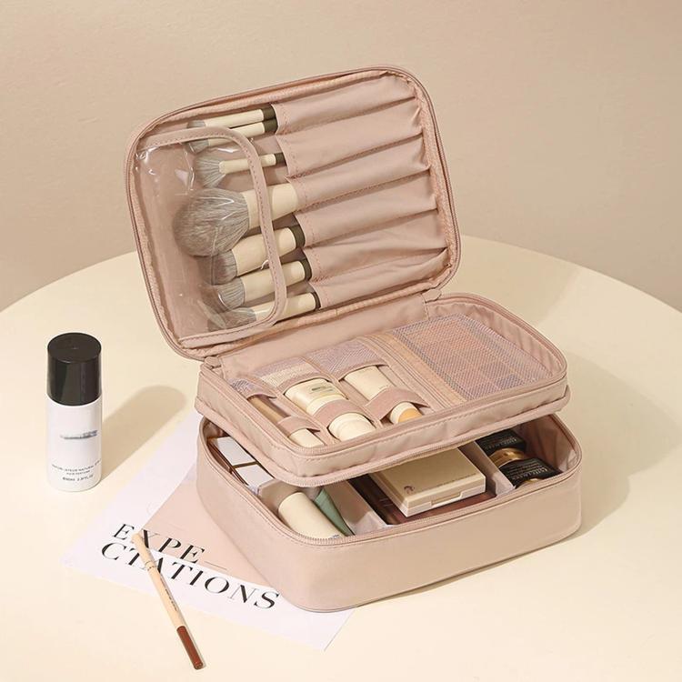 Light pink double-layer makeup bag organizer with zip-top and segmented brush compartments