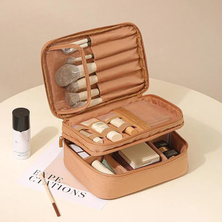 Brown double-layer makeup bag organizer with zip-top and segmented brush compartments