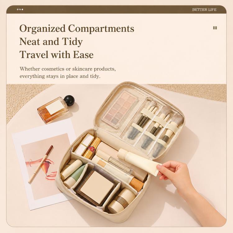 Beige travel makeup bag with adjustable dividers and brush holder slots, open view