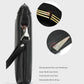 Black leather wristlet bag with detachable wrist strap and metal hardware.