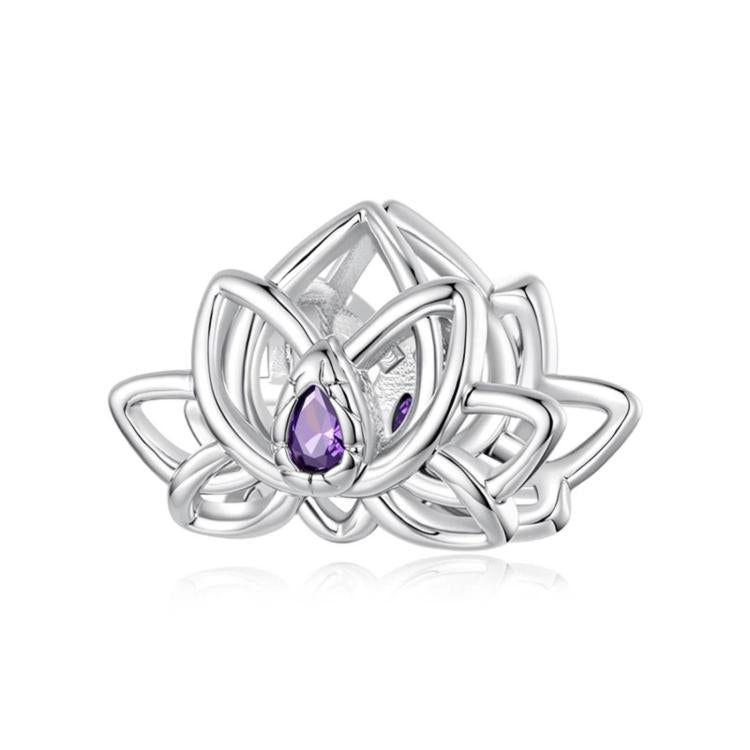 Lotus beaded bracelet, silver-toned with purple oval gem and knot-like metal links