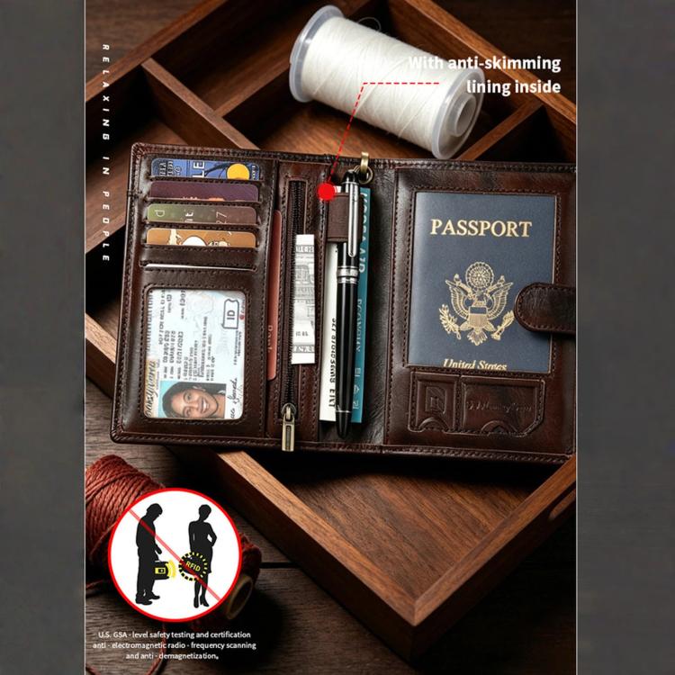 Brown leather passport wallet interior with passport pocket, card slots, pens