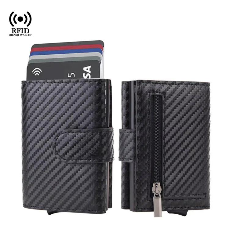 RFID carbon fiber pop-up card wallet with coin pocket and money clip, black