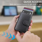 Black carbon fiber RFID card wallet with pop-up card access and front strap