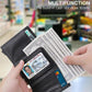Black carbon fiber RFID card wallet holding bills and cards in a cash slot