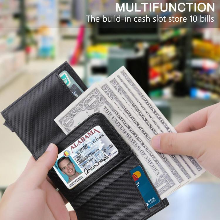 Black carbon fiber RFID card wallet holding bills and cards in a cash slot