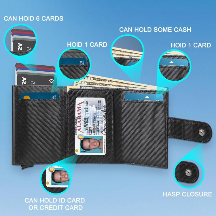 Black carbon fiber RFID wallet shown open with card slots and cash storage